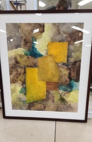 Richards, vintage abstract lithograph of original watercolor under glass. Facsimile signed.