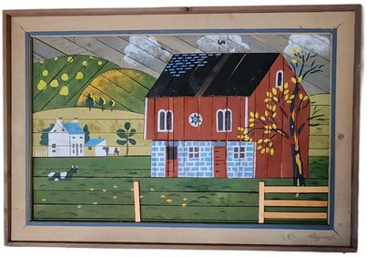 Vintage '70s Austin Productions Primitive T. deGroot Wood Painting w/ Minimalist Farm Scene. Signed.