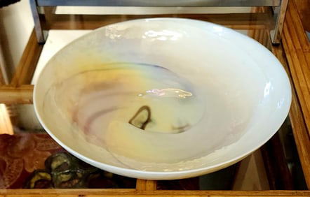 Elegant vintage ceramic centerpiece bowl w/ embedded mother-of-pearl abstract swirl design. 18'd