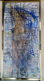Striking abstract original oil painting in gold finished frame w/ complex geometric image. 40 x 18"
