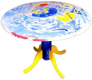 Amazing hand-painted dining table w/ drop leaves... perfect for a kitchen or dinette. 40" diameter.