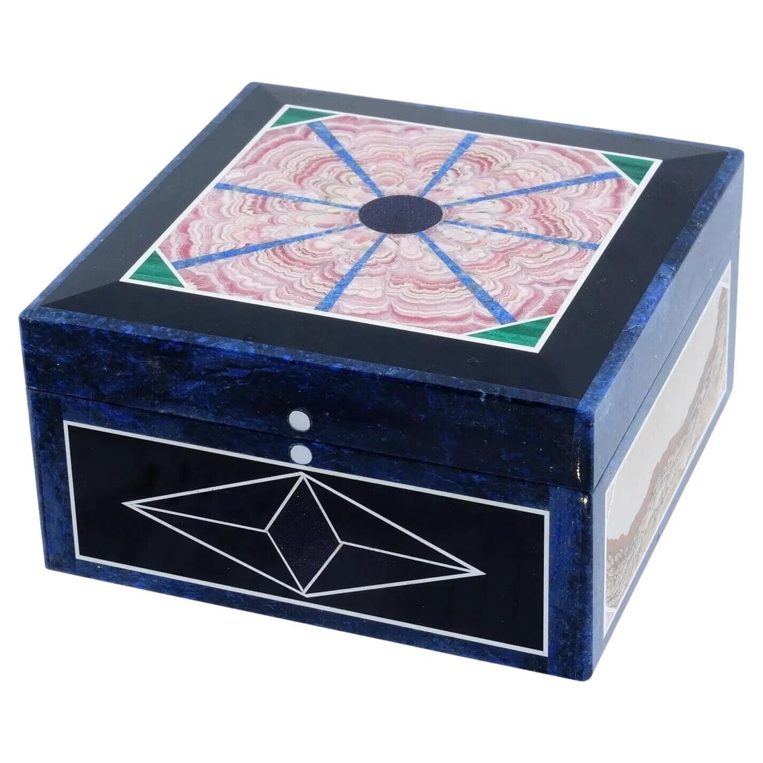Lapis Lazuli And Semi Precious Stone Intarsia Box: A beautiful present box of a square form, hand crafted of lapis lazuli and inlaid with different minerals such as green malachite, picture jasper, rhodochrosite, and more. Unmarked. Intarsia traces it