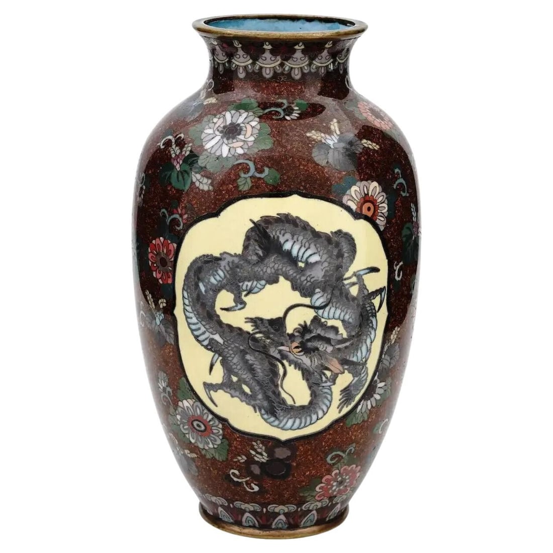 Japanese Cloisonne Enamel Meiji Era Dragon and Phoenix Bird Goldstone Vase: A large antique Japanese Meiji era enamel over brass vase. The amphora shaped vase is enameled with polychrome medallions with a Phoenix bird and a dragon surrounded by floral, and foliage motifs made