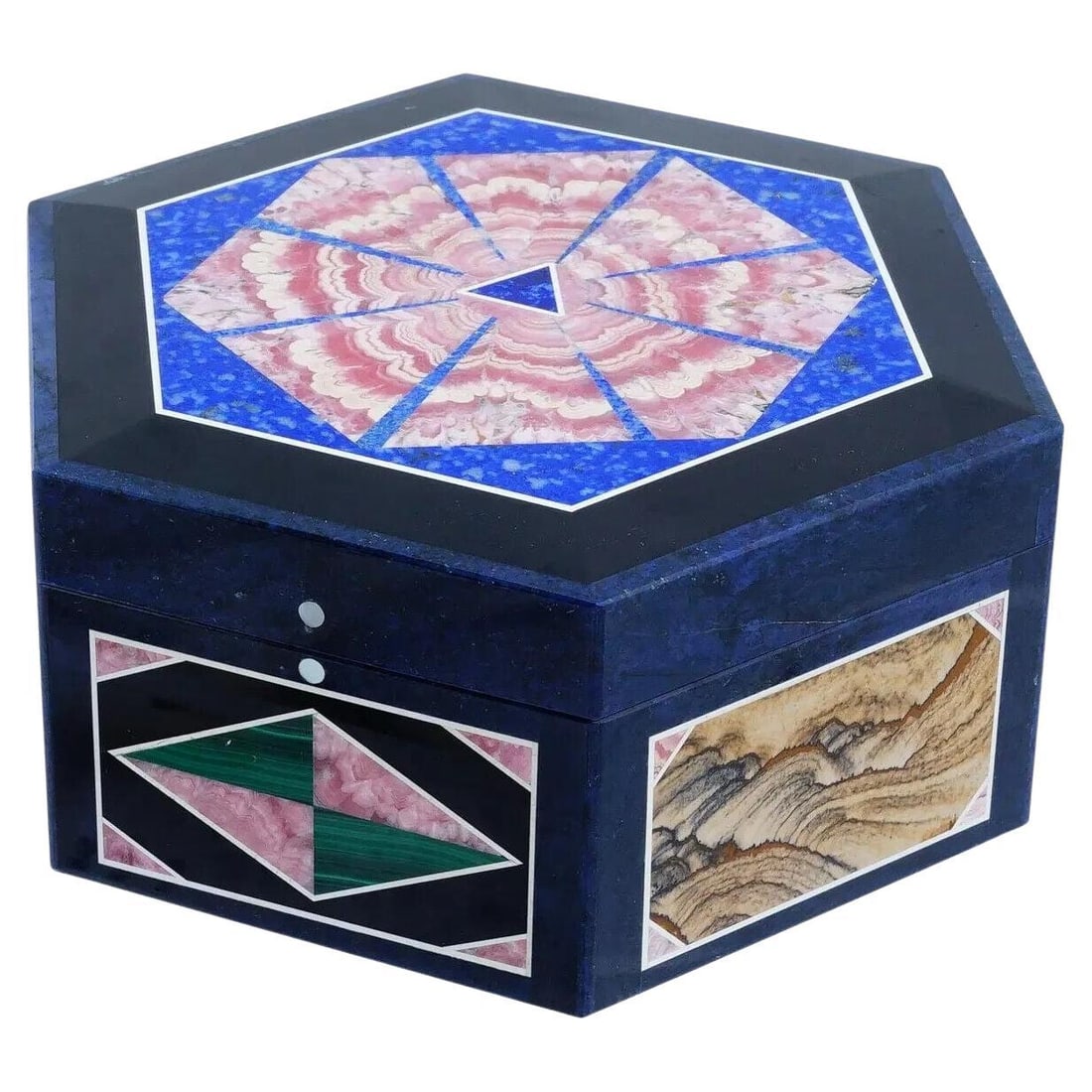 Lapis Lazuli And Semi Precious Stone Intarsia Box: A beautiful present box of an octagonal form, hand crafted of lapis lazuli with semi precious stone inlays on the lid and sides including rhodochrosite, malachite, picture jasper, and more. Unmarked.