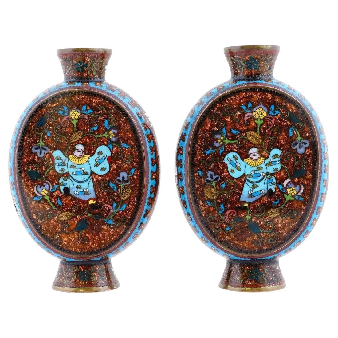 Antique Pair Of Japanese Cloisonne Goldstone Enamel Moon Flask Vases: A pair of Japanese footed enamel over copper moon flask shaped vases. The exteriors of the vases are adorned with a polychrome design representing a dancer figure surrounded by floral, foliage and fol