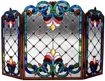 44" Folding Stained Glass Fireplace Screen