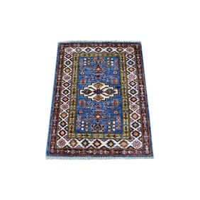 Super Kazak Blue Hand Knotted Soft Wool Oriental Mat Rug