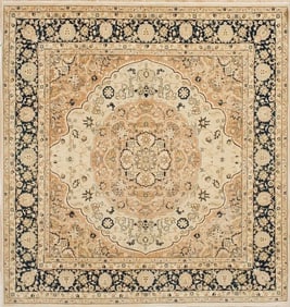 Hand Knotted Indo-Tabriz Cream Wool Oriental Area Rug Carpet 8' x 8'4"
