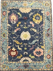 Hand Knotted Oushak Navy Blue Wool Oriental Rug Carpet 8'10" x 11'9"