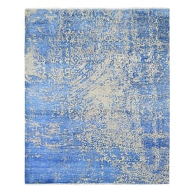 Denim Blue Hand-Knotted Abstract Design Tone on Tone Wool and Silk Rug
