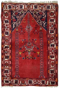 Handmade antique Turkish Anatolian prayer rug 2.6' x 3.7' (79cm x 112cm) 1940s