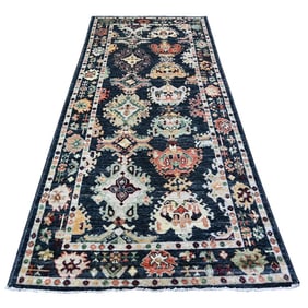 Black Velevty Wool Angora Oushak Hand Knotted Wide Runner Oriental Rug