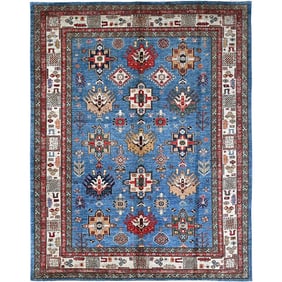 Azure Blue Hand Knotted Wool Super Kazak Geometric Medallions Rug