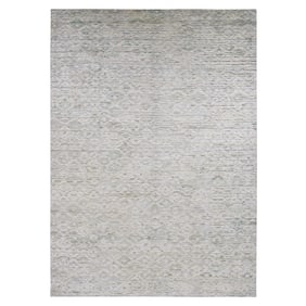 Ivory, Pure Silk with Textured Wool Fluffy Collection Hand Knotted Rug