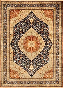 Hand-Knotted Indo-Persian Wool Black Oriental Rug Medallion Carpet 10'3" x 14'1"