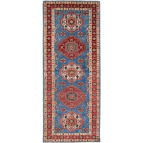 Navajio Bay Blue Wool Hand Knotted Special Kazak Runner Oriental Rug