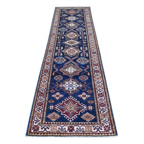 Hand Knotted Denim Blue Soft Wool Super Kazak Oriental Runner Rug