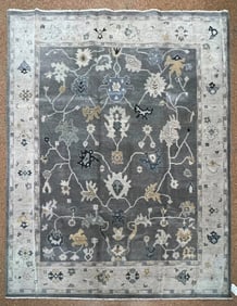 Hand-Knotted Oushak Gray Geometric Wool Oriental Area Rug Carpet 8' x 9'11"