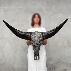 Stunning carved grey water buffalo skull - Human skulls octopus motif