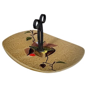 Vintage 20th-Century Ceramic Cheese Serving Platter with Fruit and Leaf