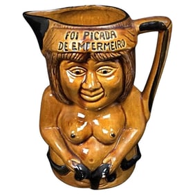 Charming Enameled and Crackled Terracotta Pitcher Depicting a Woman