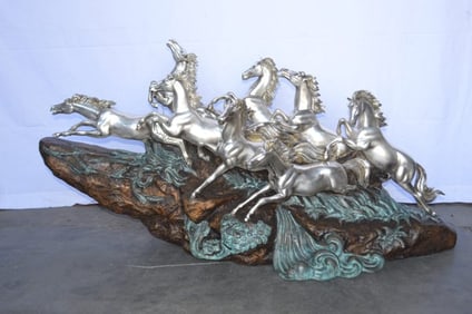 Eight Horses Running Bronze Statue Silver Finish – Size: 59″L x 20″W x 28″H.
