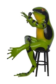 Comedic Green Frog bronze statue – Size: 25″L x 20″W x 30″H.