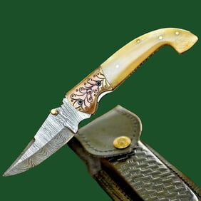 Custom Made Folding Knife Bone Grip Damascus Blade