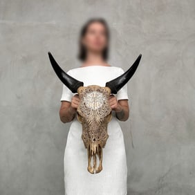 Carved Brown Cow Skull - Motorcycle Motif