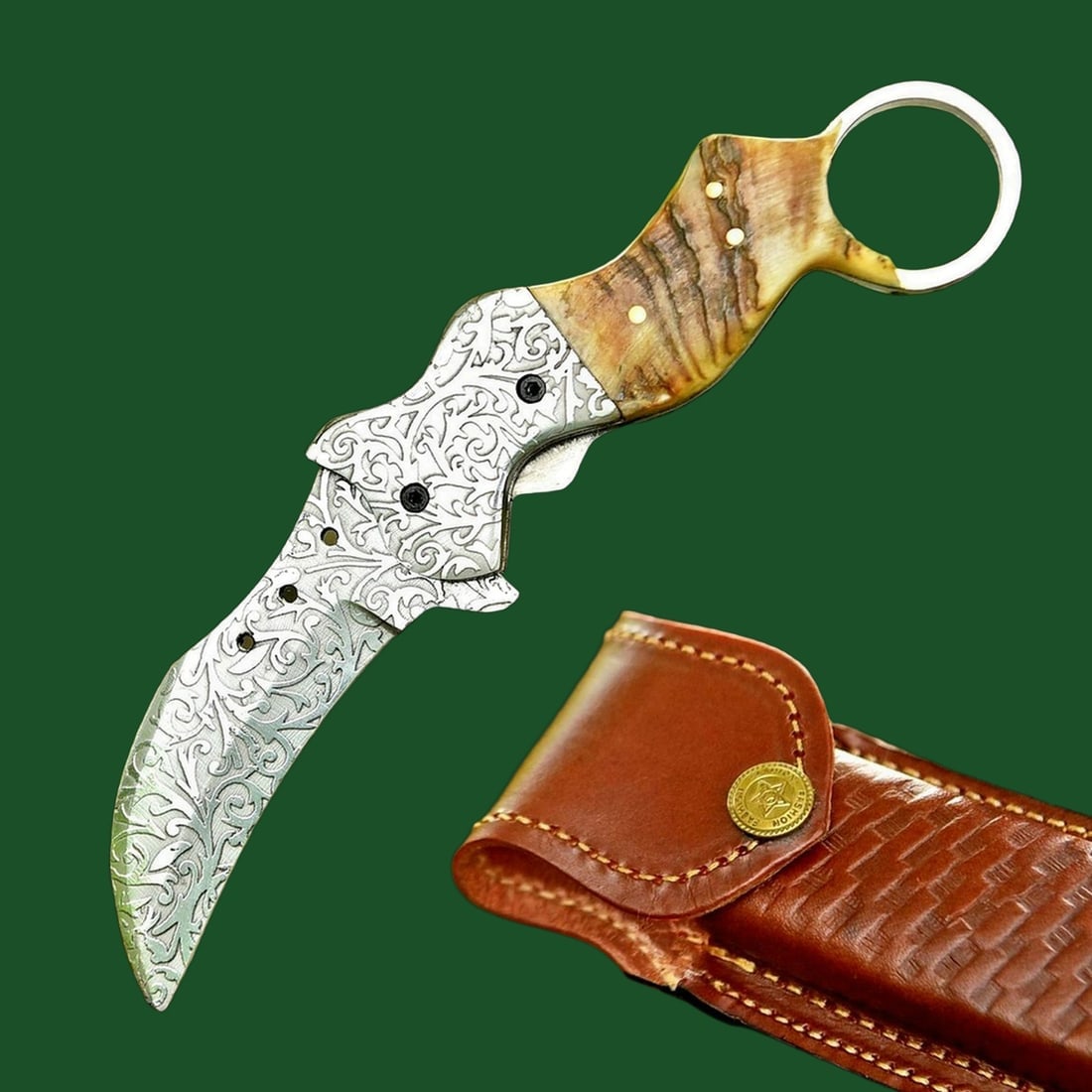 Kerambit Shape Damascus Custom Blade Pocket Knife