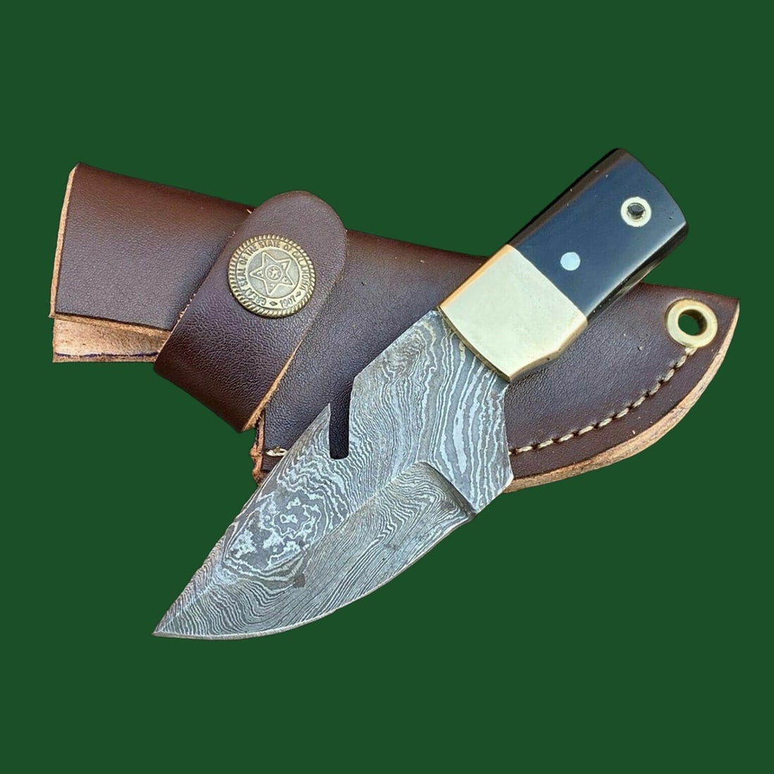 Custom Damascus Knife Buffalo Horn Handle EDC Tool: Title:Custom Damascus Knife Buffalo Horn Handle EDC Tool Description:This handmade knife is a compact neck knife with a fixed blade, custom forged from layered Damascus steel featuring a gut hook and 