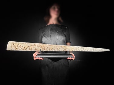 Wonderful engraved Swordfish rostrum - Marine motif