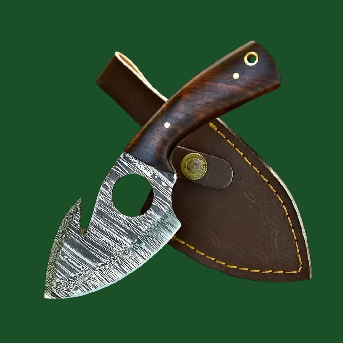 Custom Damascus EDC Knife Gut-Hook Rosewood Handle: Title:Custom Damascus EDC Knife Gut-Hook Rosewood Handle Description:This handmade skinner is designed for hunting and outdoor use, featuring a Damascus steel blade with a striking fire pattern and a 