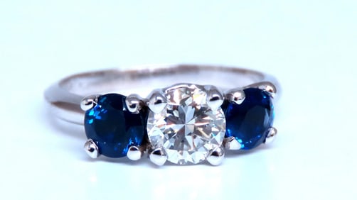 GIA Certified .82ct Natural Diamond Sapphire Three Stone Ring 14kt 54417