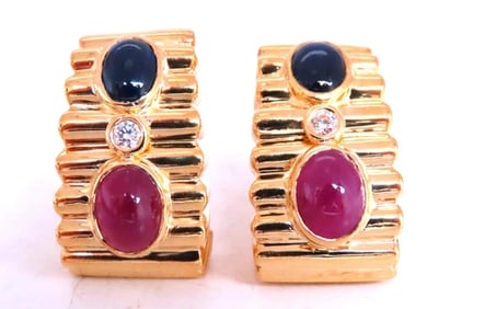 6ct Natural Sapphire Ruby Diamond Clip Earrings 18kt Gold 74525