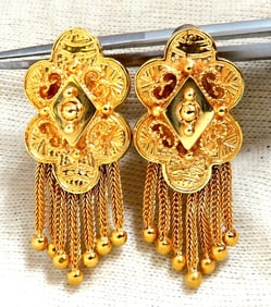 Retro Tribal Elongated Clover Tassel Dangle Earrings 14kt+