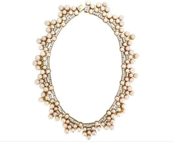 10.00ct Natural Diamonds & Akoya Pearls 18kt Necklace Opera Riviera Deco 12645**