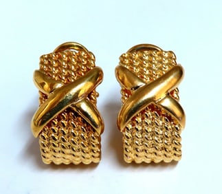 14kt Gold Braid Semi Hoop X Clip Earrings +