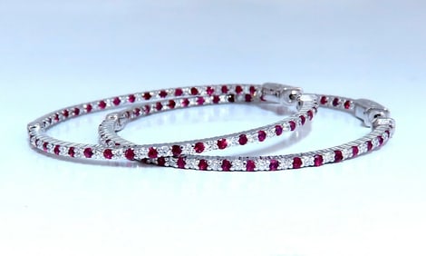2.40ct natural Ruby diamonds hoop earrings 14kt white gold inside out 50mm 11579