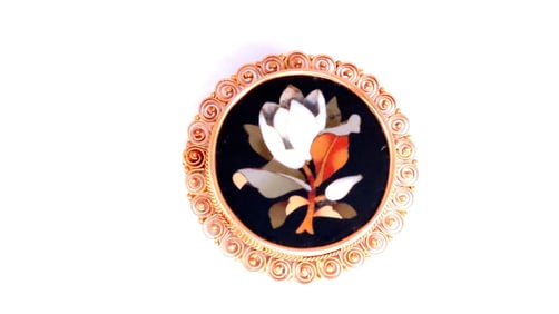 Vintage Pietra Dura Inlay Mosaic Flower Pin 18kt 12404