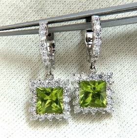 3.68ct Natural Peridot 1.36ct Diamond Dangle Earrings 14 Karat