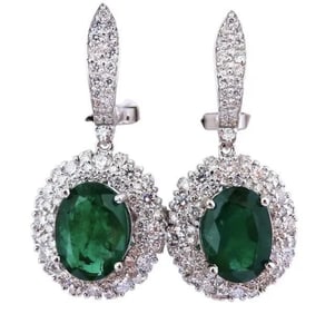 8.35ct Natural Oval Emeralds Diamond Dangle Earrings 18kt Halo Cluster 12643