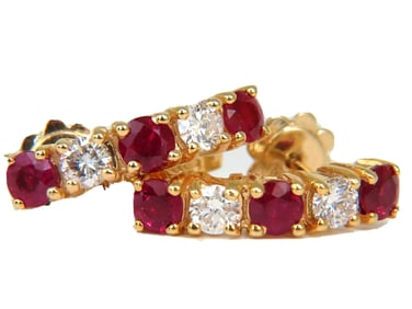2.48CT NATURAL ROUNDS FINE GEM RED RUBY DIAMOND EARRINGS SEMI HOOP 14KT+