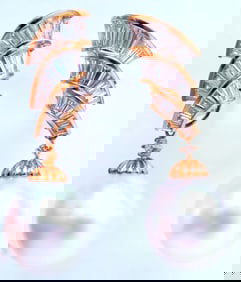 GIA Certified 15.6mm Natural Saltwater Pearl Diamond Dangle Earrings 18kt 12413