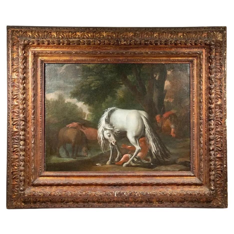 18th c. monumental Old Master equestrian painting: Early 18th c. German School View of a Frightened White Horse trampling a semi-nude female figure in a forest, herd of wild horses to left, an ancient bearded man on right, oil on linen over lap joint