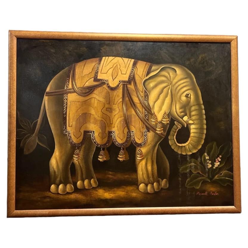 Elephant in Profile: Playful Folk Art Oil on Canvas by Reginald Baxter (Canadian: Elephant in Profile: Playful Folk Art Oil on Canvas by Reginald Baxter (Canadian, 20th Century) This large oil on canvas, titled "Elephant," is a tongue-in-cheek homage to Victorian parlor paintings,