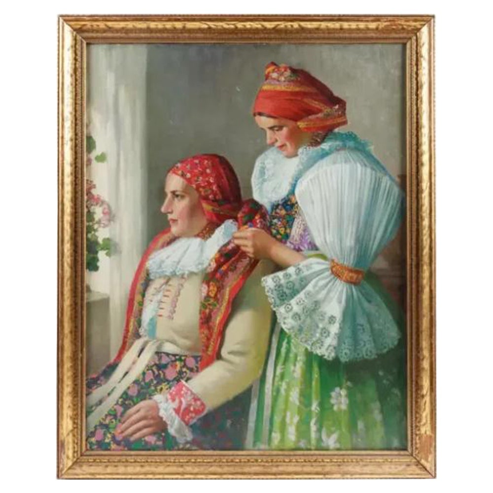 Attributed to Joza Uprka (Czech) "Slovakian Woman" A Rare Oil on Canvas Painting: Attributed to Joza Uprka (Czech 1861-1940) “Slovakian Woman” A Rare Oil on Canvas Painting Depicting two Czechoslovakian women in traditional outfits, one woman helping another put on her