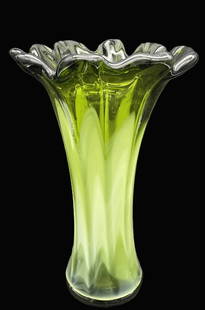 Large Green Swung Glass Art Glsss Vase 11": Date/Period: unknown Dimension: approx. 11" tall x 7" top diameter x 4" bottom diameter Material: glass Additional Information: Large Green Swung Glass Art Glsss Vase Shipping: Domestic: Flat-rate of