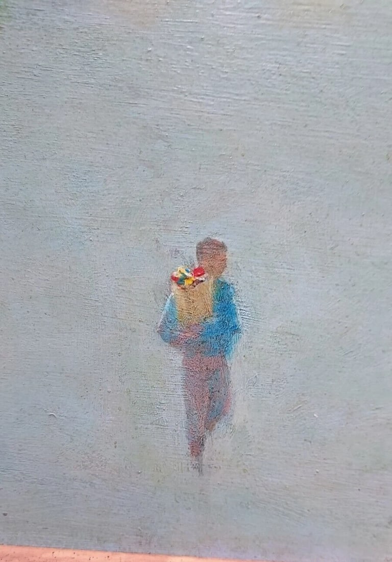Beautiful Oil painting Man carrying flowers L. Beaman 1933 listed artist "first (1 of 4)