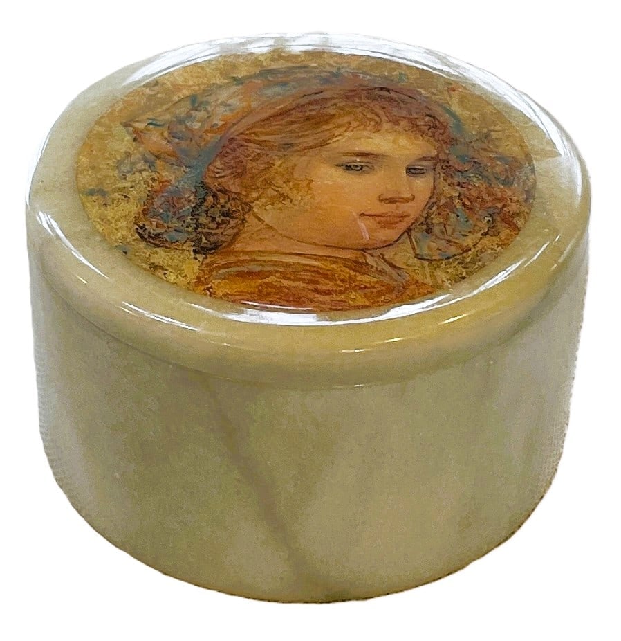 Edna Hibel Marble Trinket Box: Date/Period: unknown Dimension: Approx. 3.5 x 2.5 Material: marble Additional Information: Edna Hibel Marble Trinket Box Shipping: Domestic: Flat-rate of $6.00 to anywhere within the contiguous U.S. I